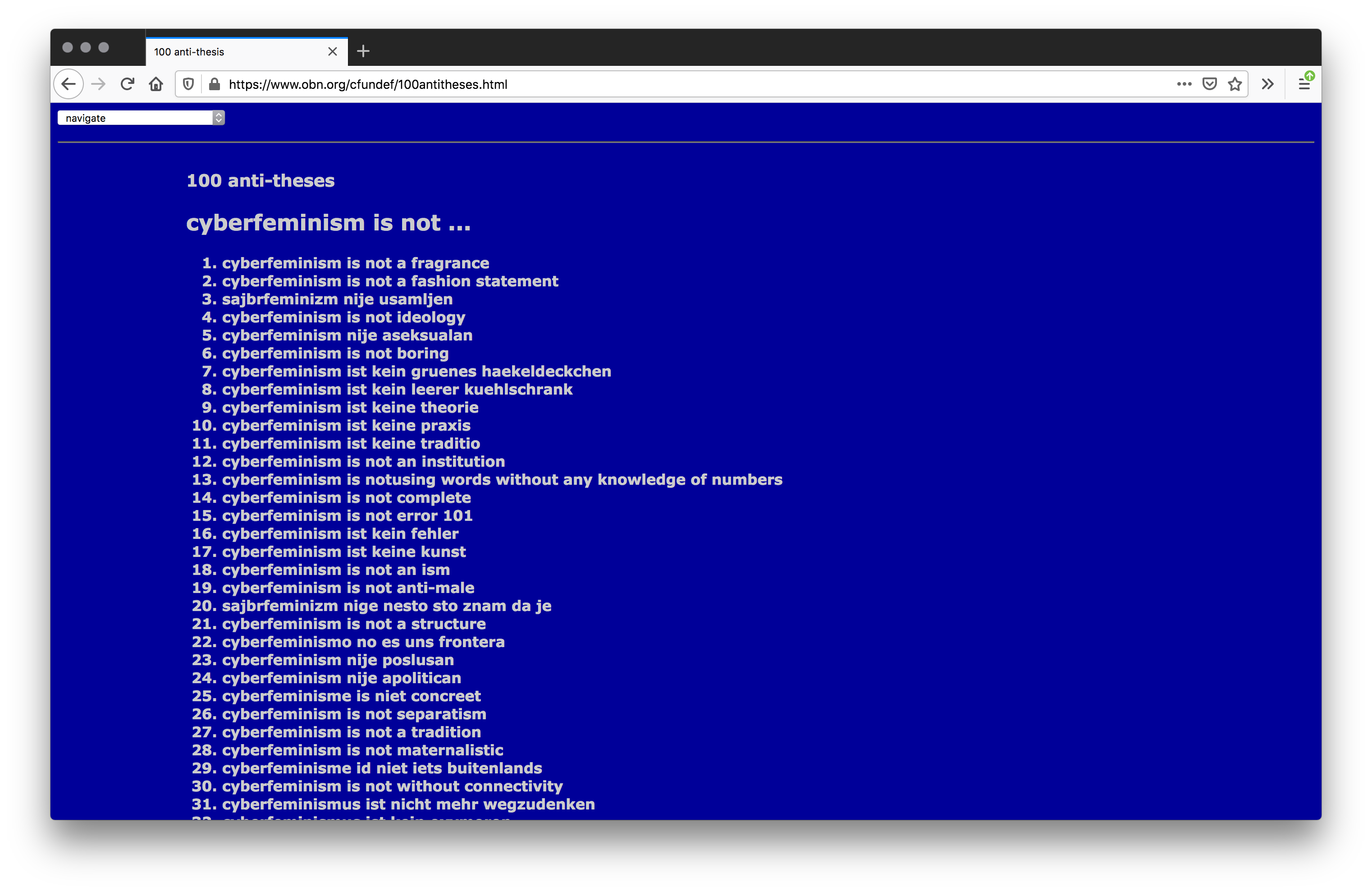 Screenshot of a blue webpage filled with left-justified bullet pointed white text going down in one row.