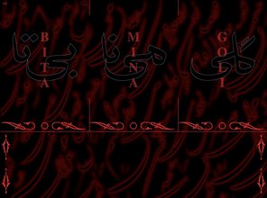 Bita, Mina, and Goli vertically typed in red with three columns on top of Persian script written in black. Elegant embellished borders line across and down the sides. The back is a textured pattern of black calligraphic texts glowing in red.