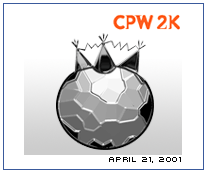 a silver globe with three tipis on top, with the initials CPW 2K in orange