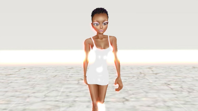 still of a render of a black woman with short hair wearing a slinky white mini dress