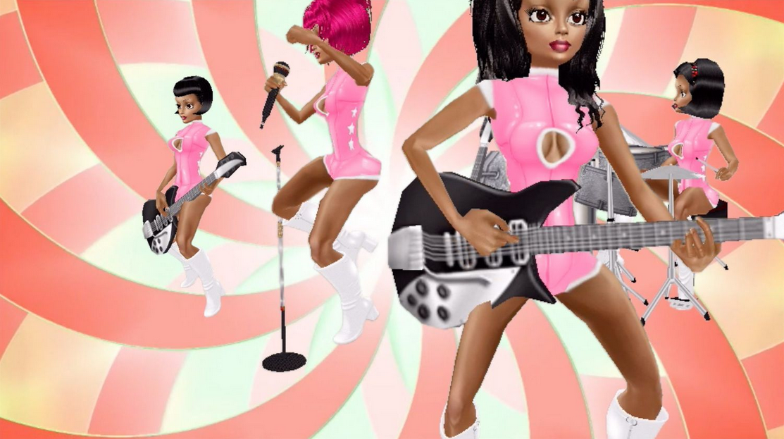 still of a render of a 4-piece girl music band wearing pink dresses atop a swirling pink background