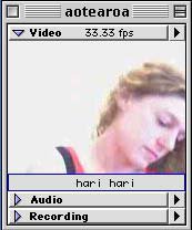 An old school GUI grey media player with a square screen of a woman with long brown wavy hair behind a washed out white background, looking down.