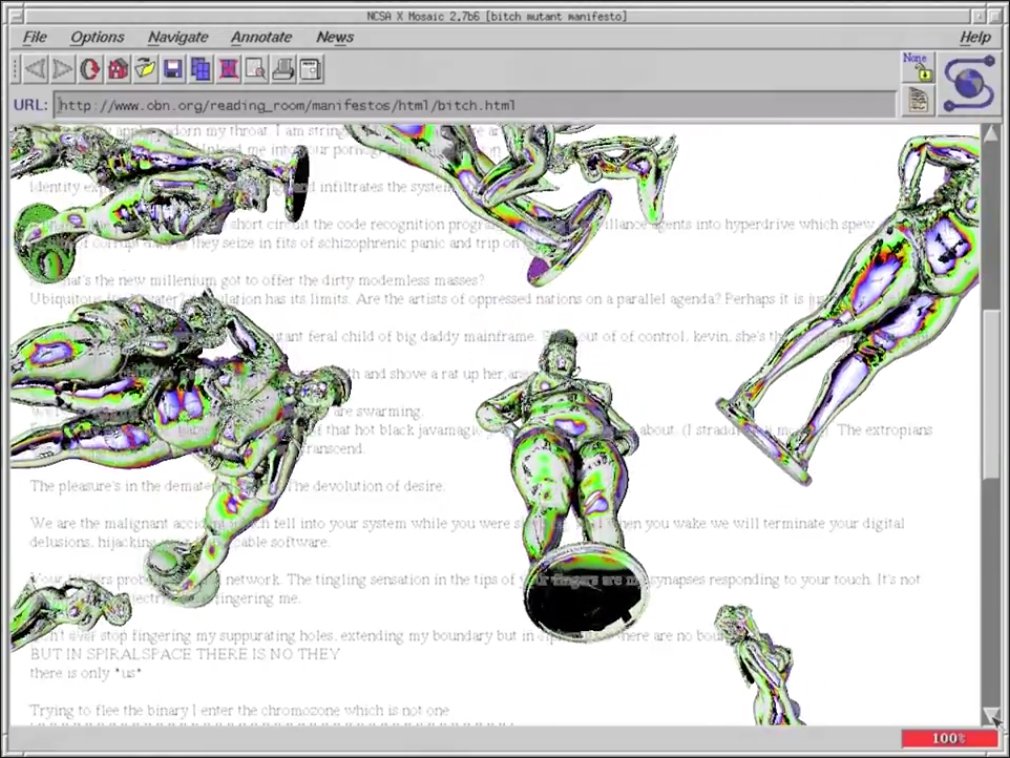 Screenshot of a retro web browser. Window contains a 3D graphic of metallic sexually empowered naked female statues with neon blue, green, red, and purple highlights are scattered throughout the vast white space, behind a body of grey text.
