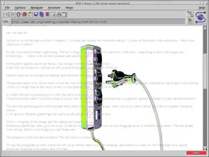 Screenshot of retro web browser. Window contains a 3D graphic of a metallic three-plugged extension chord with neon blue, red, green and purple highlights is largely placed in the middle of a white background behind grey text.