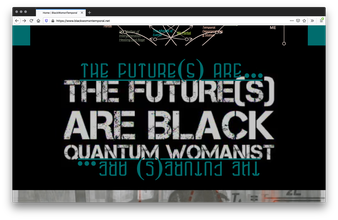 Screenshot of a black webpage with blue underlined text flanking the top and bottom of a white stencil font largely in the center. The header has two blue squares on both corners of the page and the center shows a colorful group of text and mapped arrows.