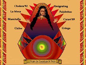 A low quality graphic of an indigenous South American woman inside a sacred egg like form with a color whirl in the center like its womb and red spikes on the top and black text to the side.  Red, green, and yellow aztec patterns flank both sides.