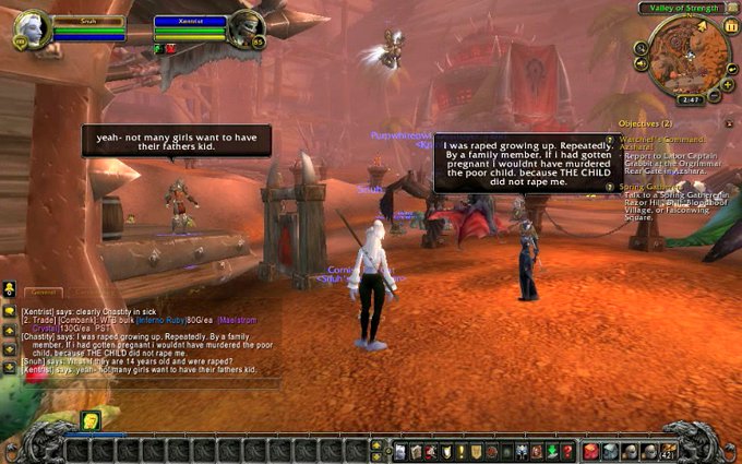 Still of World of Warcraft with two characters on an orange background with black speech bubble