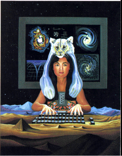 A woman with a white lioness headpiece and a board computer body is typing on a keyboard to compute diagrams of galaxies and constructing nature. She is surrounded by a vast landscape of dunes extending to white mountains, and a celestial sky behind her.