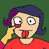 Cartoon graphic illustration of a girl with half purple and blue hair wearing a red shirt behind a green background. She makes a silly face by sticking her tongue out and using her left finger to pull down her left eye.