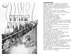 two pages of a zine, the left has an illustration of three aliens with cords coming from the top of the page, the right is full of black text