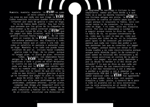 two pages of a zine, black background with white text and key words are larger in bold