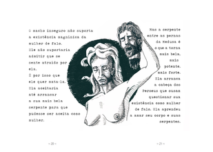 a banner of a black and white illustration of a topless woman with wavy hair with an arm around a man’s neck surrounded by text