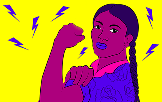 A graphic illustration of a Rosie the Riveter pastiche, showing a colored woman with long braids folding up her bicep sleeve to the arm that holds a fist in the air. Purple lightning bolts fire around her on a yellow background.