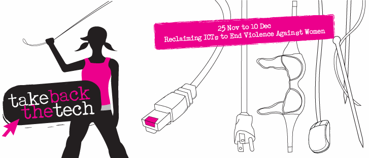A graphic of a person with pigtails whipping a chord stands behind a black, pink, and white logo on the left. On the right are outlines of a wall plug, a bra, a mouse, and a knitting needle dangling with a pink information box stamped across.