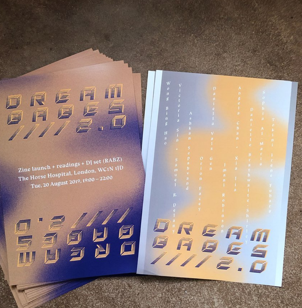 a photograph of the front and back of a metallic zine, the front is silver with a blurry orange wave