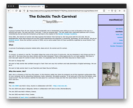 A baby blue webpage with a lavender column flanking the right, which has an image of a wall with computer parts hanging by a string and a disorganized desk with a keyboard and a doll. The page is filled with black text and blue bolded text.