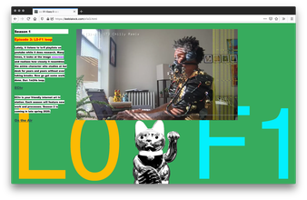 website screenshot with a green background that has large orange LO next to cyan F1 with a photo a black woman wearing a metal mask in front of an open laptop