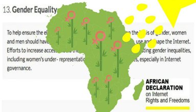 A graphic of a green African continent with bamboo capped with pink female symbols sprouting on the top of the bamboos being watered by a yellow pot and yellow water droplets. Behind shows black text about gender equality.