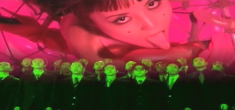 A humorous collage with a green filter of rows of Asian office men wearing glasses admiring the a pink filtered sky showing a photo of a Japanese woman looking seductively into the camera while licking a penis.