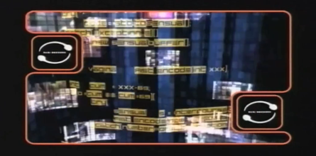A glitchy virtual world with blocky black text highlighted in yellow and pixelated screens inside of a glowing rectangular frame that has icons of white sperm forming a circle with white text inside on both the right and left.