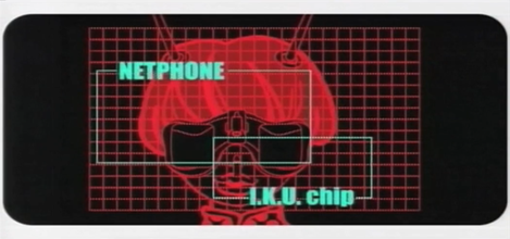 A graphic cartoon illustration of an alien bug with antennas in front of a red grid. On top is Netphone and I.K.U. Chip in cyan typed on the borders of cyan rectangles outlined.
