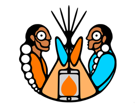 logo of INDIGital is has two geometric, indigenous people sitting with a tipi in between them