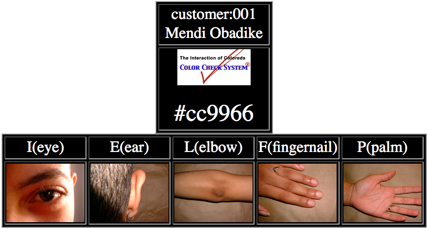 A periodic table of a tan person made of one large square featuring the customer number, the name of the individual, and a hex code and a row with images of body parts like the eye, ear, elbow, etc., labeled in white text.