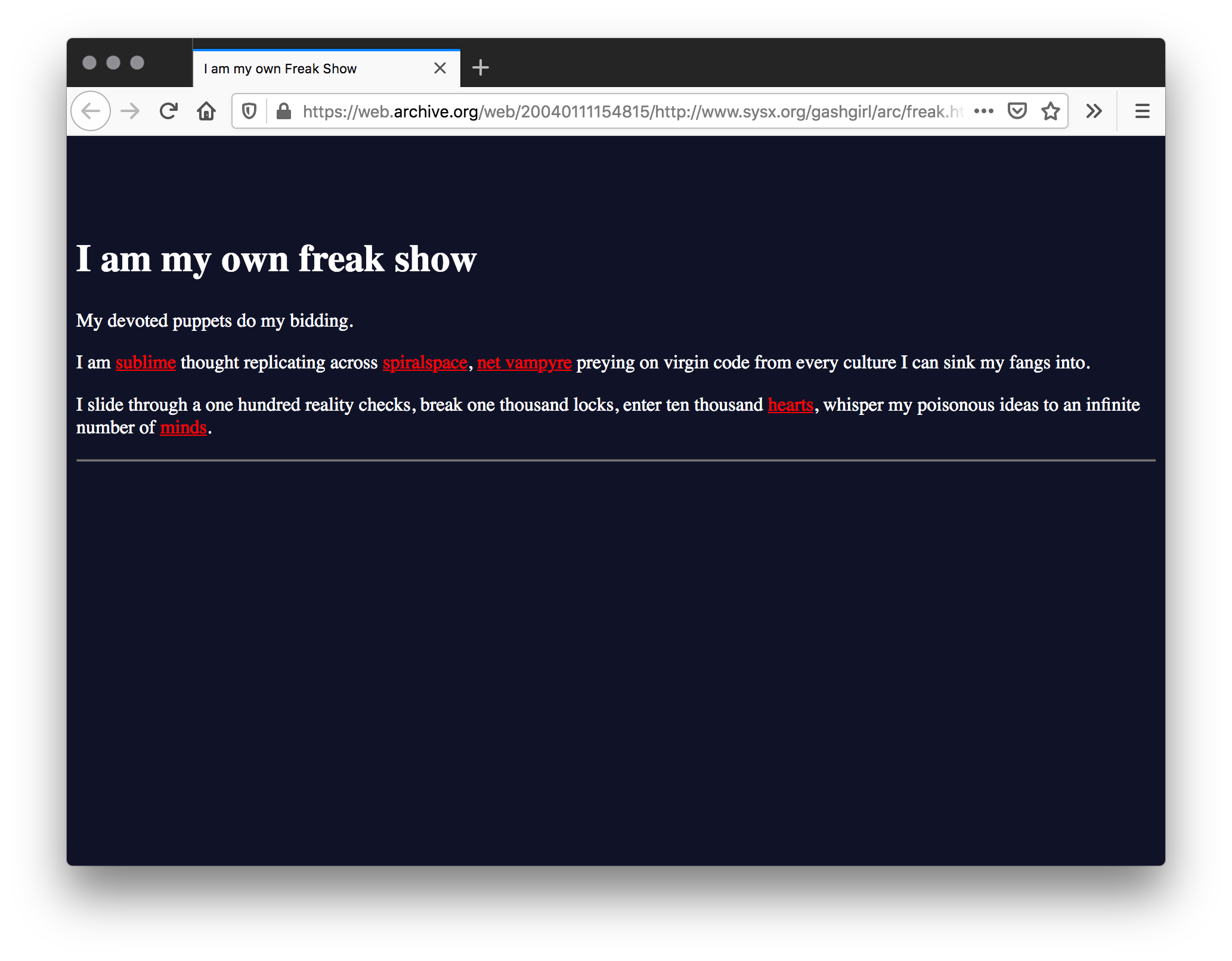 Screenshot of navy blue webpage that has a white title. A poem typed in white text with some words underlined and in red text fills the page with a white line underneath the poem.