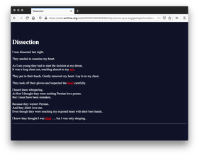 Screenshot of navy blue webpage that has a white title. A poem typed in white text with some words underlined and in red text fills the page with a white line underneath the poem.