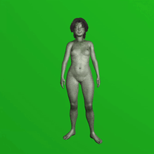 a gif of a nude, green avatar standing and moving slowly on a green background