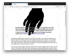 Screenshot of a white webpage with grey scratch textures in the background. A sketched black hand sticks its hand into the site like a jar. Black text with blue highlights is bolded in the center over the hand. Black paragraph precedes on the bottom.