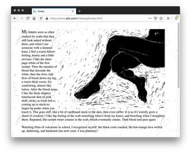 Screenshot of a white webpage. A left-justified black poem is wraps around a drawing of a black figure, legs crossed, laying in a grass of black scratch lines.