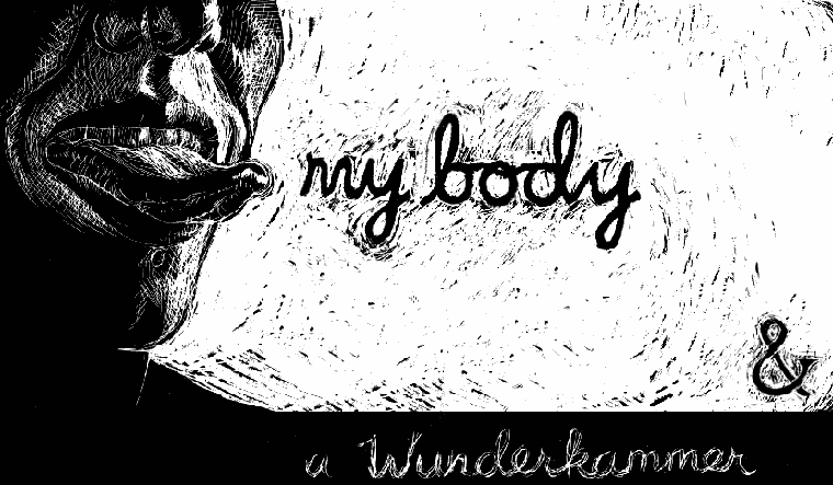 A black and white scratchy sketch of the lower half of a face. A tongue sticks out between the teeth and lips with "my body" in cursive in the center in black on a white background. "A Wunderkammer" is etched into the bottom right behind a black strip.