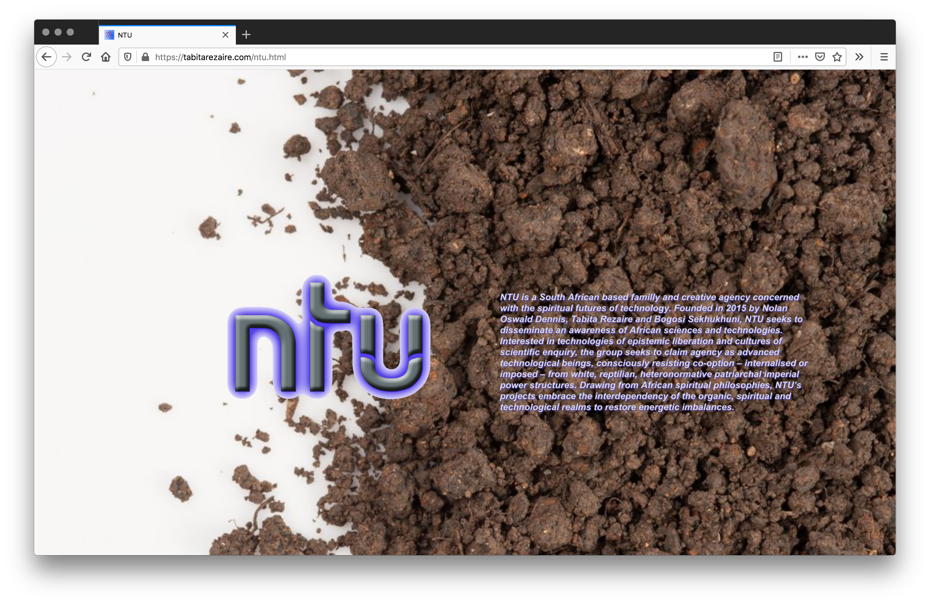 screenshot of the NTU website: a purple NTU logo sits on a background of an image of dirt