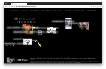 screenshot of black website with floating image thumbnails and gray glowing text next to each