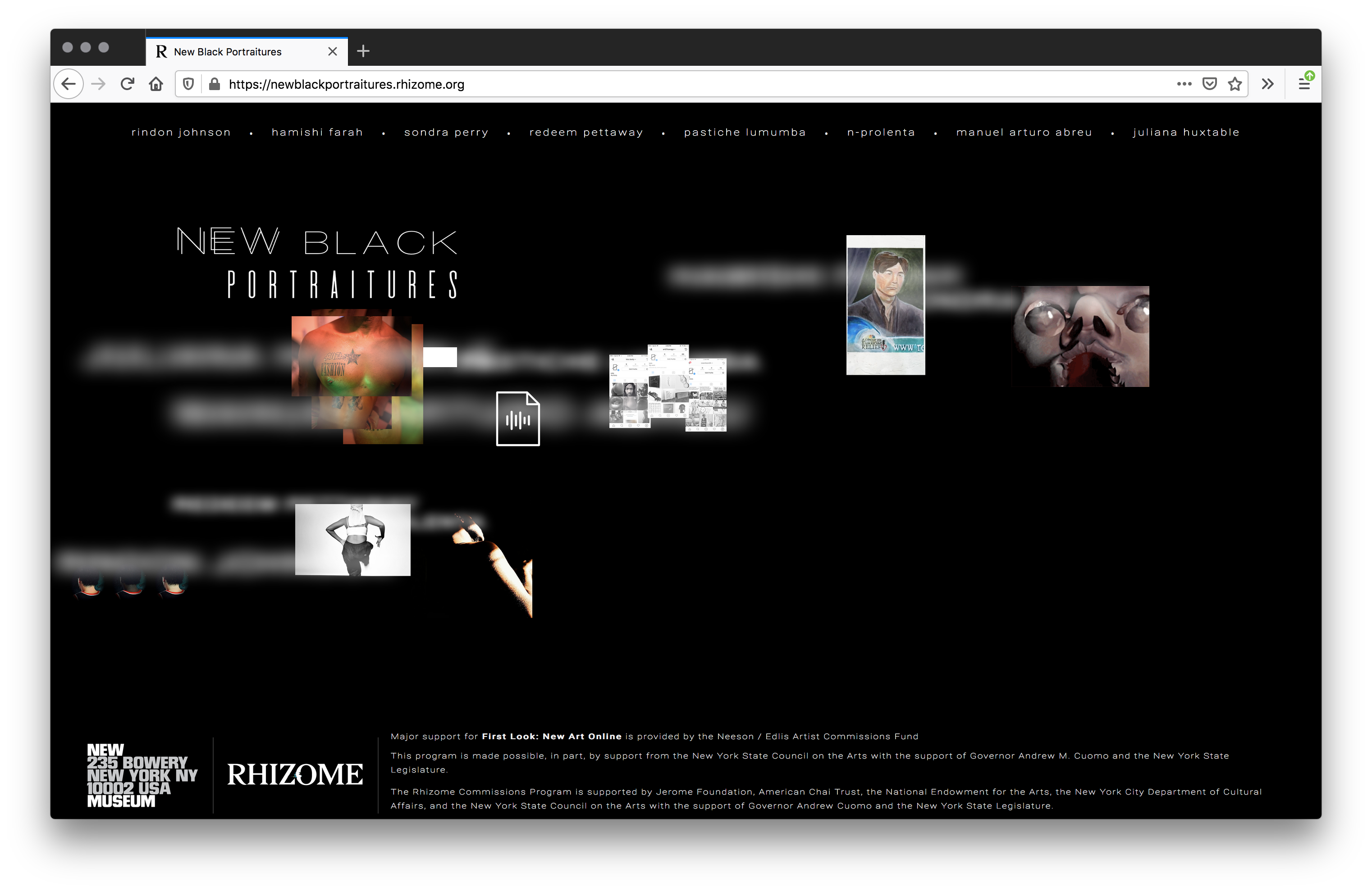 screenshot of black website with floating image thumbnails and gray glowing text next to each