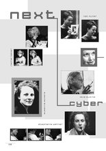 Poster with grey text and black and white photos of female faces geometrically scattered throughout the page, some faces repeating with their names in grey next to their images. "Next" on the top left is connected by a line to "cyber" on the bottom right.