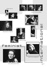 Poster with grey text and black and white photos of female faces and their names in grey geometrically scattered throughout the page with some faces repeating.. "Feminist" typed on the top left connects to "international" typed vertically on the edge.