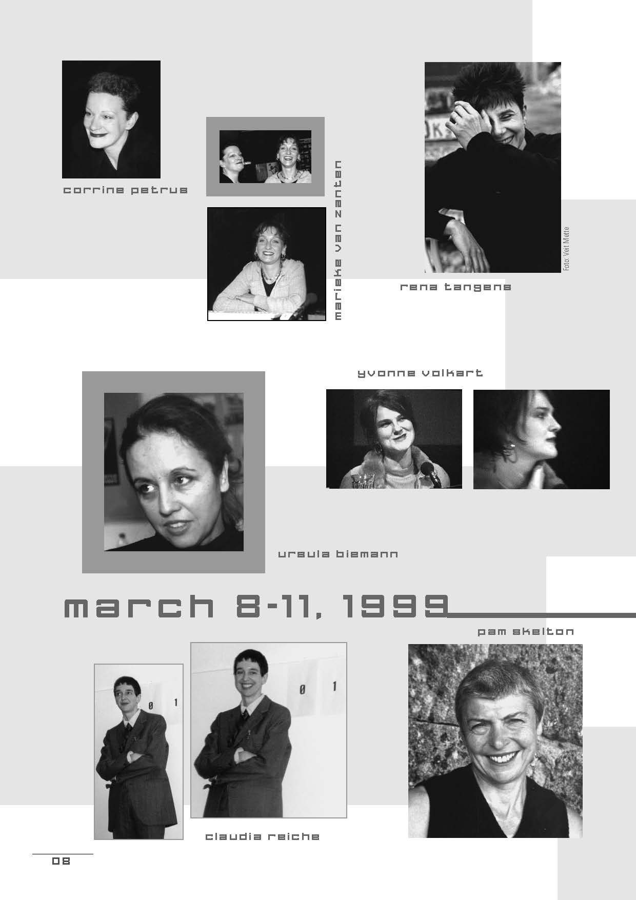 Poster with grey text and black and white photos of female faces and their names in grey geometrically scattered throughout the page with some faces repeating. "March 8-11, 1999" connects to a line that extends out of the page.