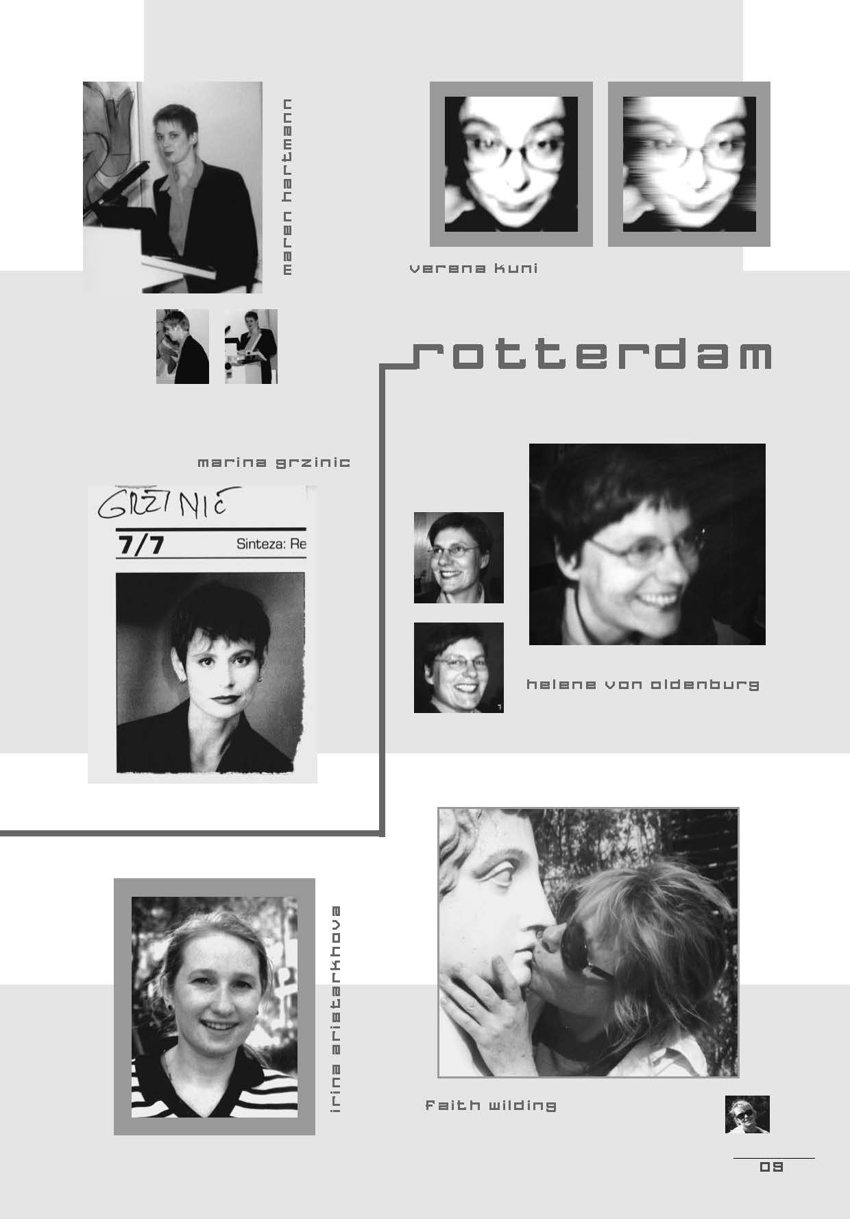 Poster with grey text and black and white photos of female faces and their names in grey geometrically scattered throughout the page with some faces repeating. A line connects to bottom of the "R" in "Rotterdam."