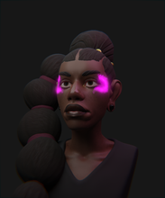3D render of a black woman with an high ponytail with balls down to her shoulder and pink highlight by her eyes