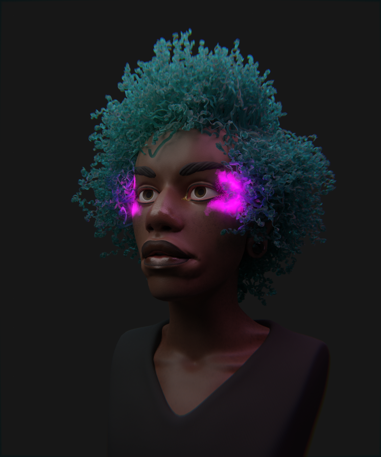 3D render of a black woman with a blue afro and pink highlight by her eyes