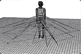 Black and white wireframes of a human figure stands alone in the center of a grid plane. The body is attached to a cage, lines extending from her body to latching to vertices on the grid, as if trapped by a digital crinoline.