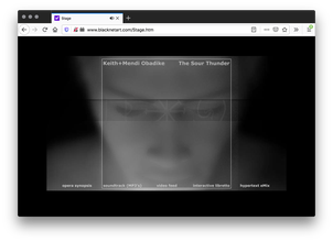A screenshot of a black webpage with a holographic black and white image of a face looking down largely filling the screen. The center has a white outlined rectangle with white text along the top and bottom edges.