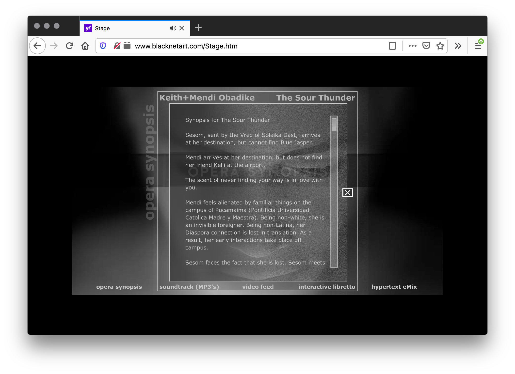 A screenshot of a black webpage with a holographic black and white image of a face looking down largely filling the screen. The center has a white outlined rectangle with white text along the top and bottom edges and a scrollable window filled with text.