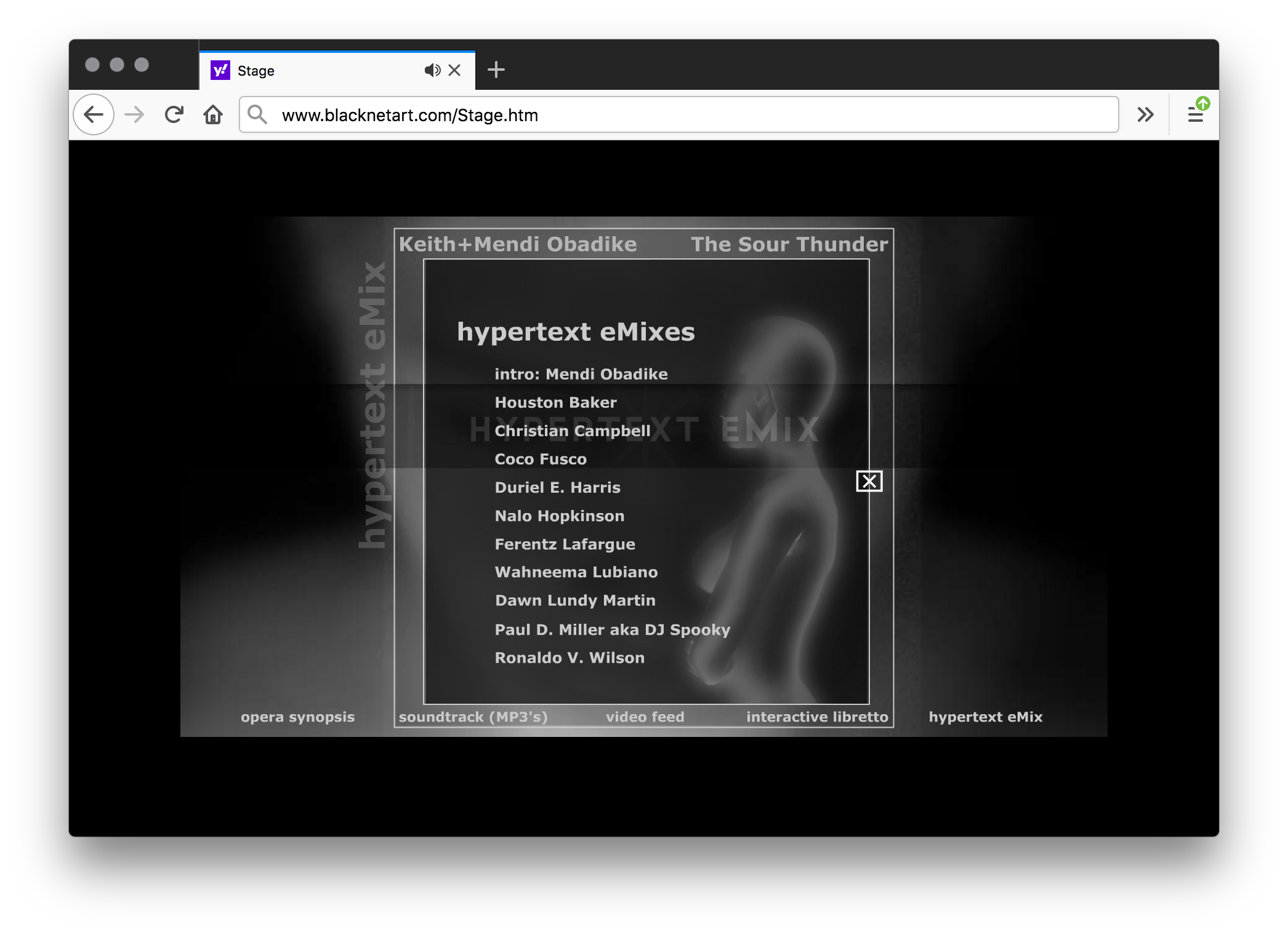 A screenshot of a black webpage with a holographic black and white image of a face looking down. The center has a white outlined rectangle with white text along the top and bottom edges and a window of names next to a holographic female body.