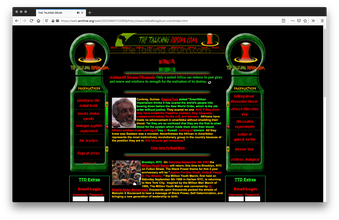 A screenshot of a website with a black background for the Talking Drum. Two columns topped with a drum flanks the page. The center is filled with bold text in green, red, and yellow, a portrait of a black man smiling, and a photo of fists in the air.