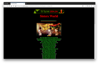 A screenshot of a website with a black background with a bold red header and a divider of green, yellow, and red parallel streaks. There is a painting of three women freely dancing, waving flags above their heads. Underneath is a column of green links.