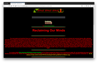 A screenshot of a website with a black background featuring a logo, a bold red header, and a block of red text, followed by a smaller block of green, red, and yellow text. There is a divider of green, yellow, and red streaks spread throughout the page.