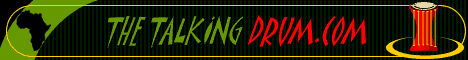 The Talking Drum website banner includes a black background with the tile in red and green handwriting script. There is an illustration of a red drum with a yellow circle at its base on the right and an icon of the African continent on the left.
